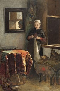 'Het zonnige hoekje': jonge vrouw in een kamer te Hindelopen (1838 - 1904) by Christoffel Bisschop