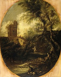 Landscape with Hermit, Pilgrim and Peasant Woman (1690 - 1740) by Antonio Francesco Peruzzini, Sebastiano Ricci and Alessandro Magnasco