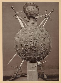 Wapenrusting, bestaande uit helm, zwaarden en een schild met een mythologische voorstelling van Paris (1869 - 1887) by anonymous, anonymous, Johann Baptist Obernetter and Johann Baptist Obernetter