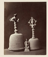 Two bronze handbells and a statuette of bodhisattva Padmapani. Talaga, Cirebon district, West Java province, 9th and 16th century,  Indonesia (1863 - 1864) by Isidore Kinsbergen