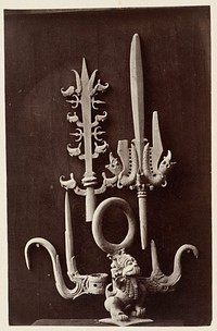 Ritual implements including a finial of a processional staff and part of a lion-shaped lamp, Talaga, Cirebon district, West Java province, 16th-18th century,  Indonesia (1863 - 1864) by Isidore Kinsbergen