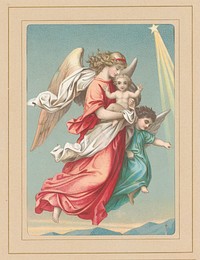Twee engelen dragen een klein kind (1870 - 1900) by anonymous