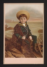 Portret van een zittende jongen met hoed en visnet (1880 - 1920) by anonymous