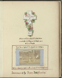 Reproductie van (vermoedelijk) een tekening van de executie van Dominicanen in de gevangenis, omgeven door Engelse tekst en een versierd kruis (1871) by A Quinet