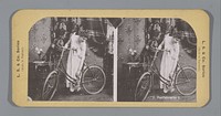 Schaars geklede vrouw naast een fiets (1870 - 1890) by anonymous, anonymous and LS and Co