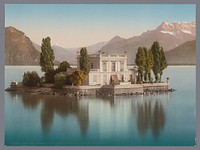 Gezicht op Île de Salagnon in het Meer van Genève, op de achtergrond de Dents du Midi (1889 - c. 1920) by anonymous, Photochrom Zürich and Photochrom Zürich