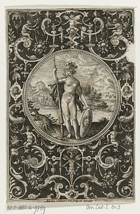 Medaillon met Minerva met lans en schild met Medusahoofd in omlijsting van grotesken met bloemen, guirlandes, dieren en mascarons (1570 - 1618) by Adriaen Collaert, Adriaen Collaert and Adriaen Collaert