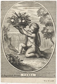 Element aarde als kind met schaal met fruit en groenten voor korenveld in ovaal (1648 - 1706) by anonymous, Cornelis van Dalen II, Abraham van Diepenbeeck and Frederik de Wit