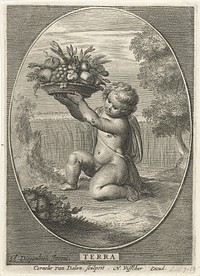Element aarde als kind met schaal met fruit en groenten voor korenveld in ovaal (1648 - 1664) by Cornelis van Dalen II, Abraham van Diepenbeeck and Nicolaes Visscher I