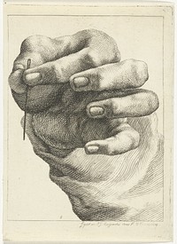 Studie van een hand met een naald tussen duim en wijsvinger (1830 - 1845) by Henricus Wilhelmus Couwenberg and Jeremias Gottlob Rugendas
