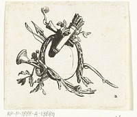 Vignet met muziekinstrumenten, brandende fakkel, pijl en boog en pijlenkoker (1766 - 1831) by Willem Bilderdijk