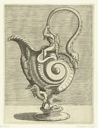 Kan in de vorm van een slakkenhuis, gedragen door een sater die tussen twee vogels geknield zit (1548) by Balthazar van den Bos, Cornelis Floris II and Hieronymus Cock
