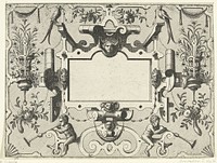 Cartouche omgeven door grotesken, met links en rechts een korf met bloemen (c. 1555 - c. 1560) by Johannes of Lucas van Doetechum, Hans Vredeman de Vries and Hieronymus Cock