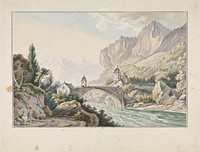 Gezicht op de brug bij Saint Maurice te Zwitserland (1792) by Jan Gerard Waldorp and Michel Vincent Brandoin