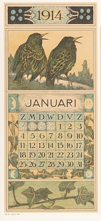 Kalenderblad januari met spreeuwen (1913) by Theo van Hoytema, Tresling and Comp and Firma Ferwerda en Tieman