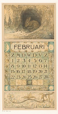 Kalenderblad februari met konijn (1913) by Theo van Hoytema, Tresling and Comp and Firma Ferwerda en Tieman