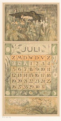 Kalenderblad juli met tureluur (1913) by Theo van Hoytema, Tresling and Comp and Firma Ferwerda en Tieman
