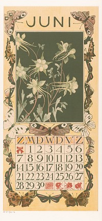 Kalenderblad juni met akeleien en vlinders (1902) by Theo van Hoytema, Tresling and Comp and Theo van Hoytema