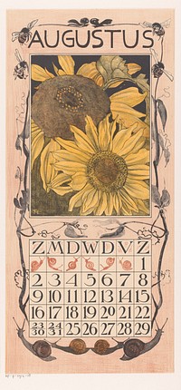 Kalenderblad augustus met zonnebloemen (1902) by Theo van Hoytema, Tresling and Comp and Theo van Hoytema