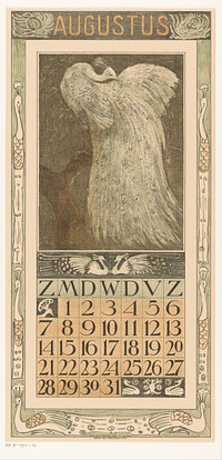 Kalenderblad augustus met witte pauw (1909) by Theo van Hoytema, Tresling and Comp and Firma Ferwerda en Tieman