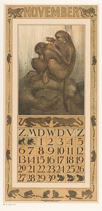 Kalenderblad november met vlooiende apen (1909) by Theo van Hoytema, Tresling and Comp and Firma Ferwerda en Tieman