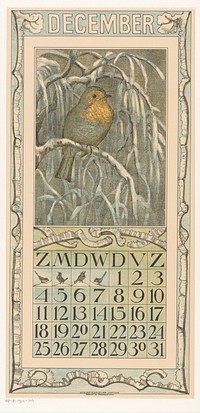 Kalenderblad december met roodborstje (1909) by Theo van Hoytema, Tresling and Comp and Firma Ferwerda en Tieman