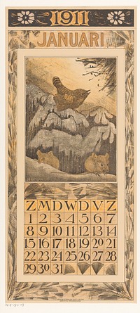 Kalenderblad januari met winterkoninkje en muizen (1910) by Theo van Hoytema, Tresling and Comp and Firma Ferwerda en Tieman