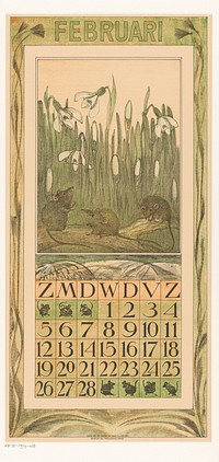 Kalenderblad februari met sneeuwklokjes en muizen (1910) by Theo van Hoytema, Tresling and Comp and Firma Ferwerda en Tieman