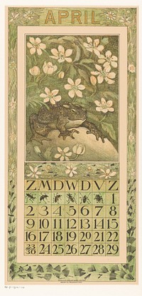 Kalenderblad april met kikker (1910) by Theo van Hoytema, Tresling and Comp and Firma Ferwerda en Tieman