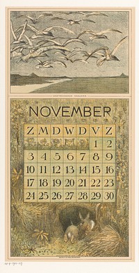 Kalenderblad november met meeuwen en konijnen (1911) by Theo van Hoytema, Tresling and Comp and Firma Ferwerda en Tieman