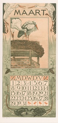 Kalenderblad maart met ooievaars (1902) by Theo van Hoytema, Tresling and Comp and Theo van Hoytema