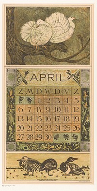 Kalenderblad april met twee duiven (1912) by Theo van Hoytema, Tresling and Comp, Allart de Lange and Firma Ferwerda en Tieman