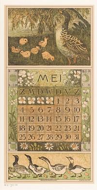Kalenderblad mei gans met jongen (1912) by Theo van Hoytema, Tresling and Comp, Allart de Lange and Firma Ferwerda en Tieman
