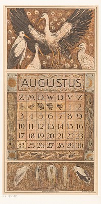 Kalenderblad augustus met ooievaars (1912) by Theo van Hoytema, Tresling and Comp, Allart de Lange and Firma Ferwerda en Tieman