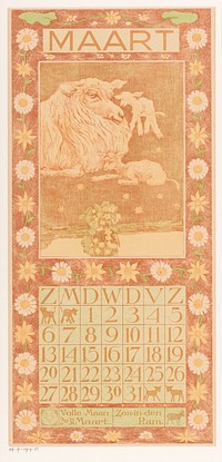 Kalenderblad maart met schaap en lammeren (1903) by Theo van Hoytema, Tresling and Comp and Theo van Hoytema