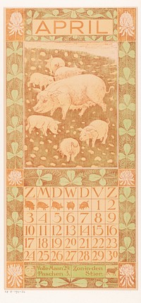 Kalenderblad april met varkens (1903) by Theo van Hoytema, Tresling and Comp and Theo van Hoytema