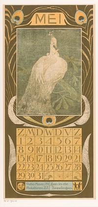 Kalenderblad mei met twee pauwen (1903) by Theo van Hoytema, Tresling and Comp and Theo van Hoytema