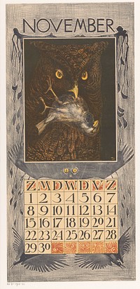 Kalenderblad november met uil en mus (1902) by Theo van Hoytema, Tresling and Comp and Theo van Hoytema