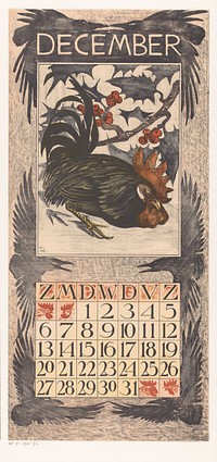 Kalenderblad december met haan (1902) by Theo van Hoytema, Tresling and Comp and Theo van Hoytema