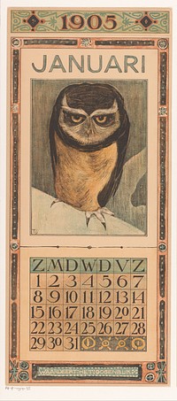 Kalenderblad januari met uil (1904) by Theo van Hoytema, Tresling and Comp and Theo van Hoytema