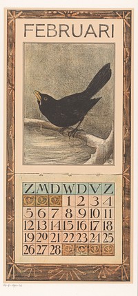 Kalenderblad februari met merel (1904) by Theo van Hoytema, Tresling and Comp and Theo van Hoytema