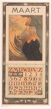 Kalenderblad maart met twee hanen (1904) by Theo van Hoytema, Tresling and Comp and Theo van Hoytema