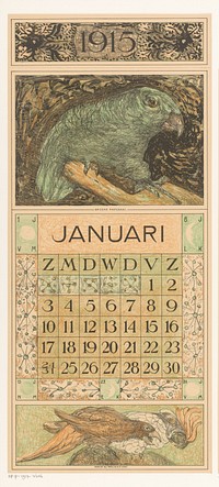Kalenderblad januari met papegaai (1914) by Theo van Hoytema, Tresling and Comp, Allart de Lange and Firma Ferwerda en Tieman