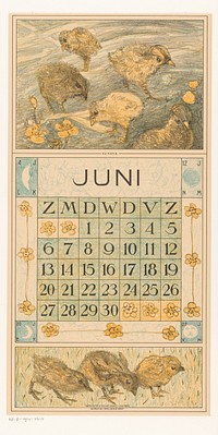 Kalenderblad juni met kuikens (1914) by Theo van Hoytema, Tresling and Comp, Allart de Lange and Firma Ferwerda en Tieman