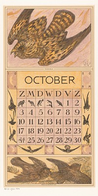 Kalenderblad oktober met torenvalk (1914) by Theo van Hoytema, Tresling and Comp, Allart de Lange and Firma Ferwerda en Tieman