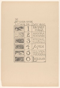 Inhoudsopgave van de portefeuille Dierstudies (1898) by Theo van Hoytema