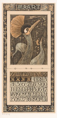 Kalenderblad maart met kroonkranen (1905) by Theo van Hoytema, Tresling and Comp and Theo van Hoytema