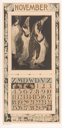 Kalenderblad november met drie pinguïns (1905) by Theo van Hoytema, Tresling and Comp and Theo van Hoytema