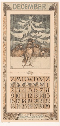 Kalenderblad december met mussen in de sneeuw (1905) by Theo van Hoytema, Tresling and Comp and Theo van Hoytema