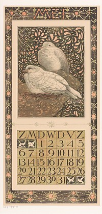Kalenderblad mei met twee duiven (1905) by Theo van Hoytema, Tresling and Comp and Theo van Hoytema